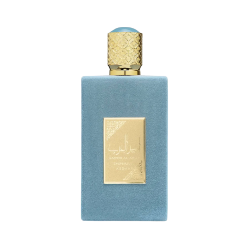 Perfume Lattafa Ameer Al Arab Imperium 100ml frasco negro con detalles en plata y azul notas de bergamota cardamomo y madera en Musk Dor.