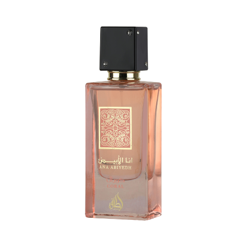vPerfume Ana Abiyedh Coral Lattafa de 60ml con tapón aterciopelado naranja, esencia de frutos rojos y almizcle cremoso en Musk Dor.