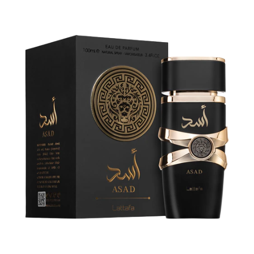 Perfume Lattafa Asad 100ml frasco negro con detalles dorados de diseño árabe moderno notas de pimienta negra tabaco y vainilla en Musk Dor.