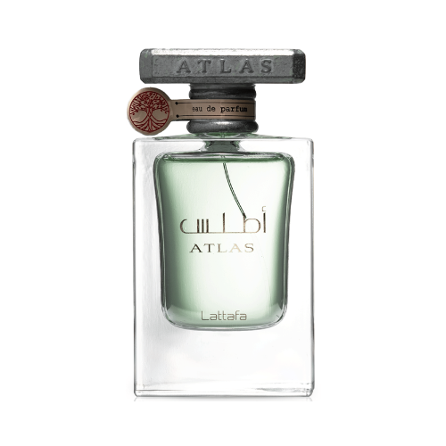 Perfume Lattafa Atlas 55ml frasco azul con detalles plateados notas marinas sal de mar y algas en Misk Dor.