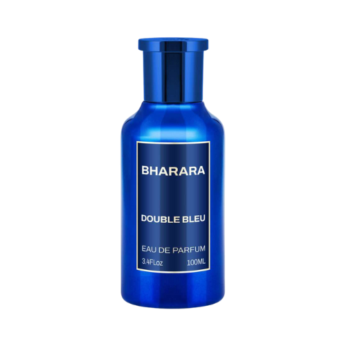 Perfume Bharara Double Bleu 100ml - Eau de Parfum Masculino en frasco de lujo con detalles metálicos.