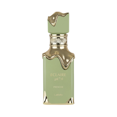 Perfume Lattafa Eclaire Pistache 100ml frasco elegante con detalles en verde suave notas de pistacho crema de vainilla y azúcar en Misk Dor.