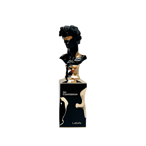 Perfume Lattafa His Confession 100ml frasco elegante negro y dorado notas de mandarina canela y maderas en Misk Dor.