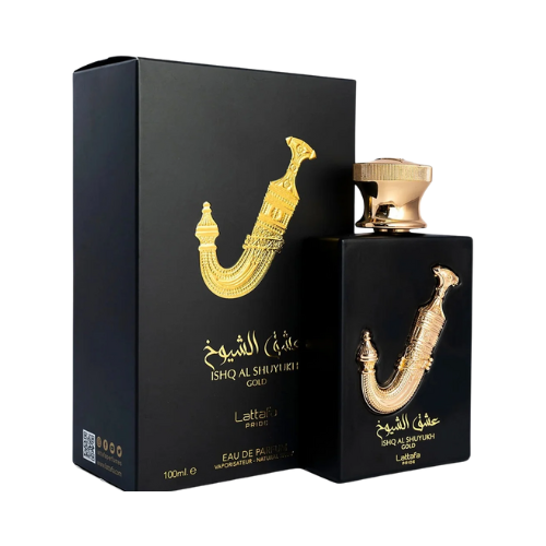 Frasco de perfume Ishq Al Nebras, Eau de Parfum oriental especiado, botella de cristal azul y transparente