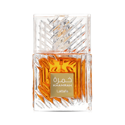 Perfume Lattafa Khamrah 100ml frasco de cristal tallado estilo licorera con notas de canela dátiles y praliné en Musk Dor.