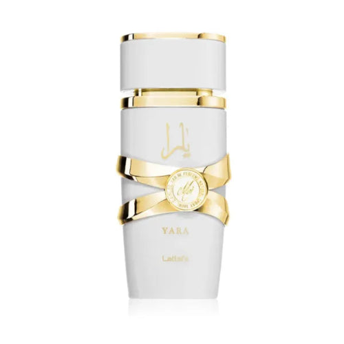 Perfume Lattafa Yara Moi 100ml frasco blanco elegante con detalles dorados notas de durazno caramelo y sándalo en Misk Dor.