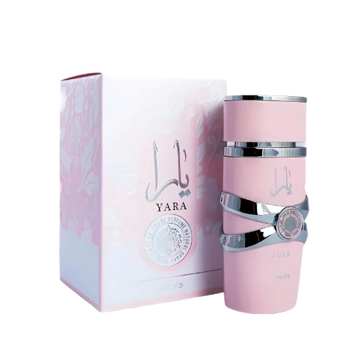 Perfume Lattafa Yara 100ml frasco rosa con relieves metálicos esencia de vainilla orquídea y notas lácticas cremosas en Musk Dor.