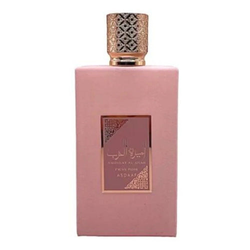 Perfume Lattafa Ameerat Al Arab Prive Rose 100ml frasco de terciopelo rosa con detalles plateados notas de rosa uva y fresa en Musk Dor.