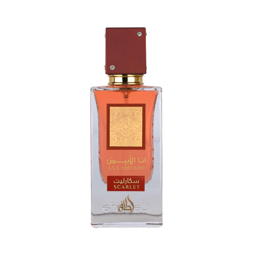 Perfume Lattafa Ana Abiyedh Scarlet 60ml frasco elegante con detalles rojos notas de fresa azafrán y vainilla en Misk Dor.