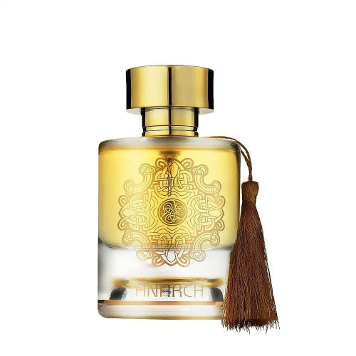 Frasco de perfume Anarch de Lattafa, Eau de Parfum ambarado, botella dorada con nudo celta grabado y borla