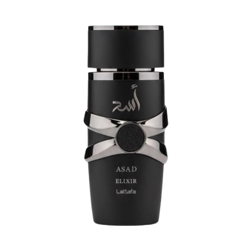 Perfume Lattafa Asad Elixir 100ml frasco negro con detalles en oro rosa notas de pimienta negra lavanda y maderas preciosas en Misk Dor.