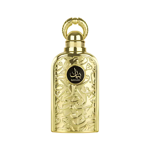 Frasco de perfume Bayaan, Eau de Parfum Oriental Amaderado, botella dorada con caligrafía árabe en relieve y asa de anillo