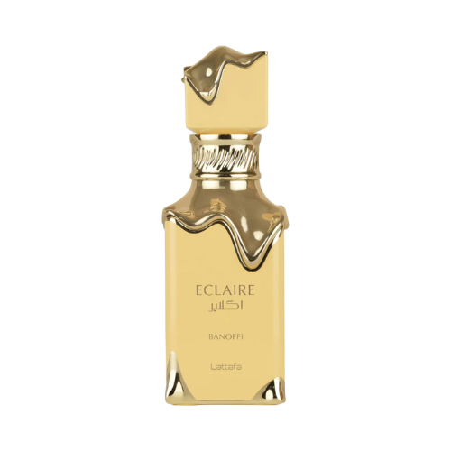Perfume Lattafa Eclaire Banoffi 100ml frasco elegante con detalles en tonos cálidos notas de plátano caramelo toffee y galleta en Misk Dor.