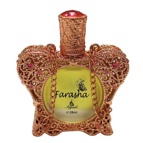 Aceite de perfume Farasha de Aliyaab, botella de cristal con estructura de metal en oro rosa y gemas, Attar árabe floral