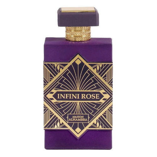 Frasco de perfume Infini Rose de Maison Alhambra, Eau de Parfum floral rosa, botella morada con diseño Art Déco dorado