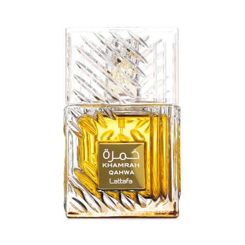 Perfume Lattafa Khamrah Qahwa 100ml frasco de cristal tallado con líquido ámbar oscuro esencia de café jengibre y haba tonka en Musk Dor.