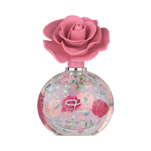 Perfume Lattafa Layaan 100ml frasco elegante con detalles dorados notas de mango lichi y flores blancas en Misk Dor.