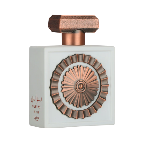 Perfume Lattafa Nebras Elixir 100ml frasco dorado profundo de la línea Pride notas de chocolate oscuro bayas y ámbar en Misk Dor.