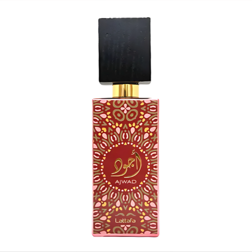 Frasco de perfume Ajwad de Lattafa, Eau de Parfum frutal oriental con diseño de mandala rojo, perfume con coco y vainilla