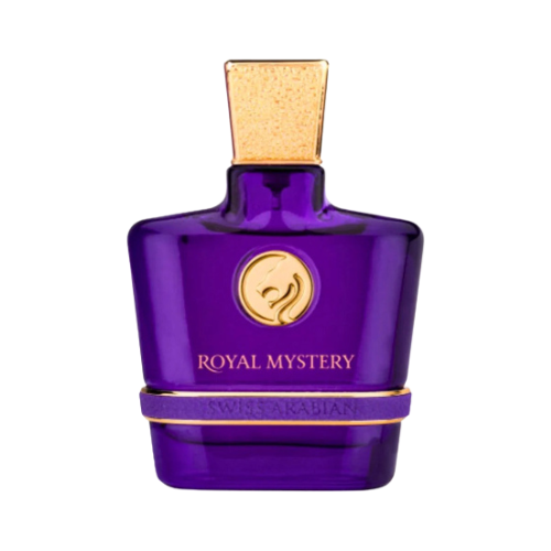 Botella de perfume Royal Mystery de Swiss Arabian, de color violeta intenso con tapón dorado. Perfume oriental de lujo