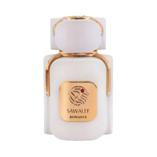 Frasco de perfume Sawalef Romance, Eau de Parfum floral almizclado, botella blanca mate con placa dorada y cristal rojo
