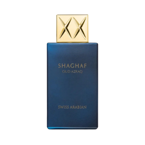 Flacon de parfum Shaghaf Oud Azraq Swiss Arabian, bouteille bleu nuit mate avec capuchon doré, Eau de Parfum Amaderado Oud