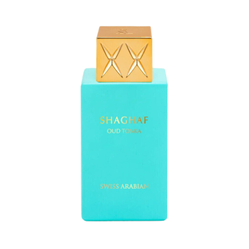 Frasco de perfume Shaghaf Oud Tonka Swiss Arabian, botella azul turquesa y oro con tapón geométrico, fragancia Oud Gourmand