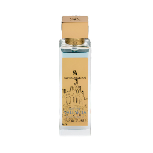 Frasco de perfume Spirit of Valencia de Swiss Arabian, botella cuadrada con ilustración urbana y líquido azul, tapón dorado