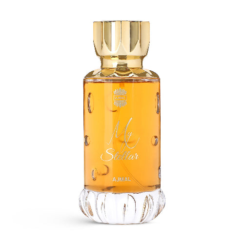 Frasco de perfume My Stellar de Ajmal, Eau de Parfum ambarado floral gourmand, botella de lujo dorado