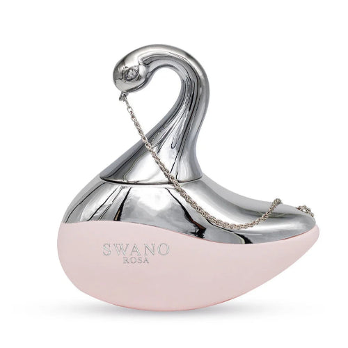Frasco de perfume Swano Rosa, Eau de Parfum floral almizclado, botella de cisne plateado y rosa pálido con cadena